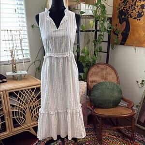 J Crew White Multi Metallic Shimmer Stripe Preppy Ruffle Trim Midi Maxi Dress